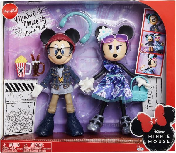 Disney Minnie & Mickey Movie Night Figures 2 Dolls Poseable Outfits Accessories For Sale