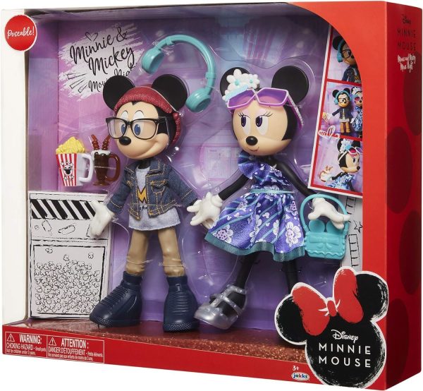 Disney Minnie & Mickey Movie Night Figures 2 Dolls Poseable Outfits Accessories For Sale